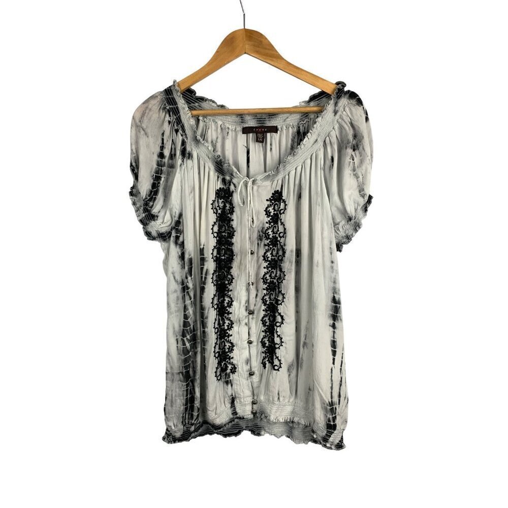 Fever Womens L/G Black & White Smocked Tie-Dye Blouse With Lace Detail